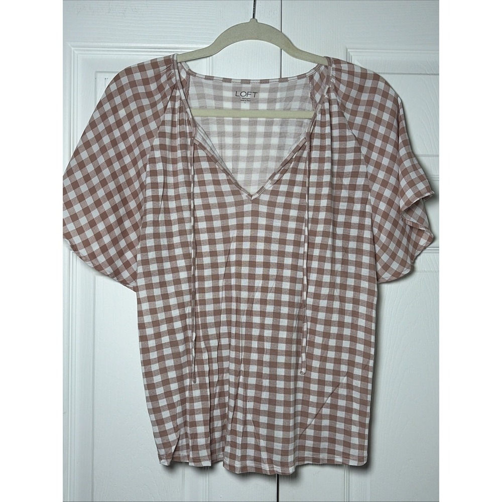 Loft Gingham Flutter Sleeve Top Womens Size L Mauve White Tie Neck Rayon Blouse